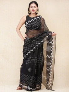 Black & White Hand Block Printed Kota Doria Saree  - s031704167