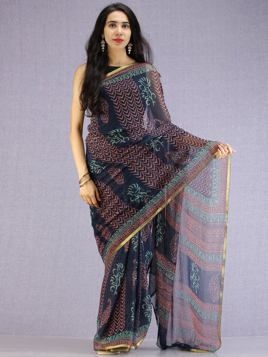 Navy Pink Teal Hand Block Printed Chiffon Saree with Zari Border - S031704600