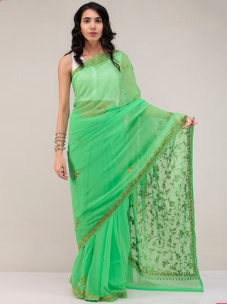 Green Aari Embroidered Georgette Saree From Kashmir - S031704640