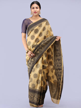Banarasee Chanderi Saree With Resham Border & Butta - Beige & Black - S031704304