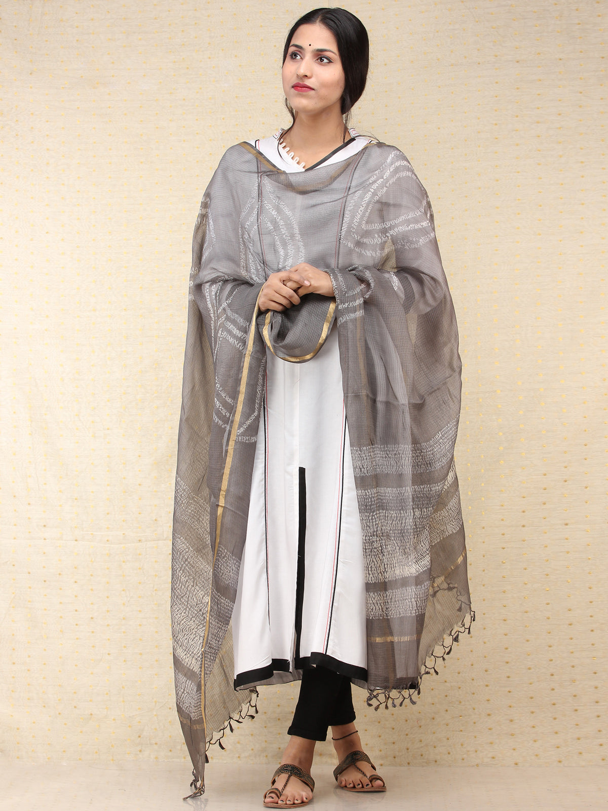 Kashish White Kota Silk Hand Block Printed Dupatta  - D04170704