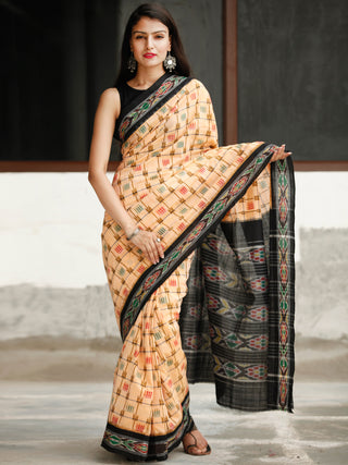 Ivory Black Ikat Handwoven Cotton Saree - S031704042
