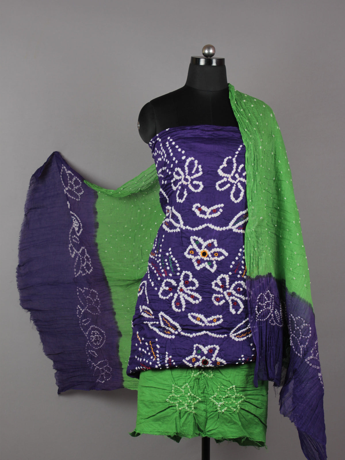 Purple Green White Hand Tie & Dye Bandhej Suit Salwar Dupatta (Set of 3) With Hand Embroidery & Mirror Work - S16281256