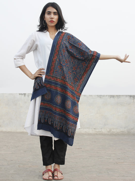 Indigo Maroon Ivory Black Mughal Nakashi Ajrakh Hand Block Printed Cotton Stole - S63170171