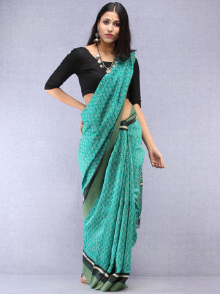 Teal Green White Hand Block Printed Chanderi Saree With Geecha Border - S031704524