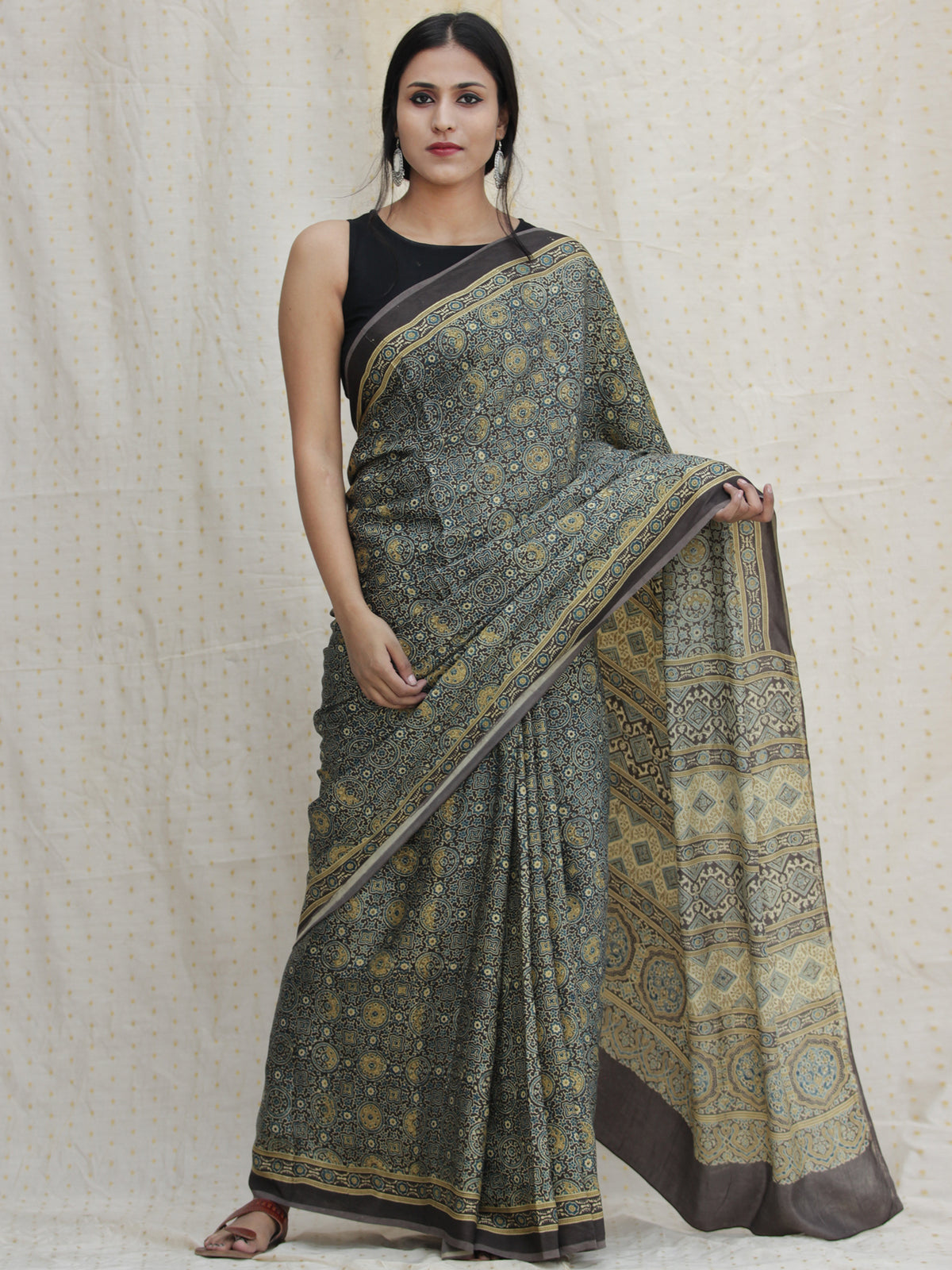 Charcoal Black Indigo Olive Green Ajrakh Hand Block Printed Modal Silk Saree - S031704130