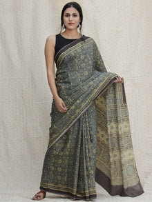 Charcoal Black Indigo Olive Green Ajrakh Hand Block Printed Modal Silk Saree - S031704130