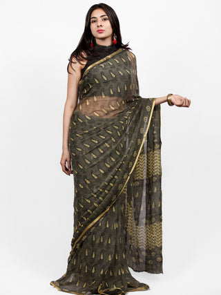 Charcoal Grey Yellow Hand Block Printed Chiffon Saree with Zari Border - S031703249