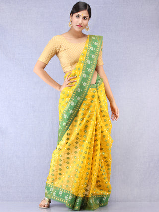 Banarasee Organza Saree With Zari & Resham Weave - Yellow Green & Gold  - S031704324