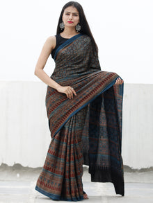Indigo Black Rust Beige Ajrakh Hand Block Printed Modal Silk Saree in Natural Colors - S031703710