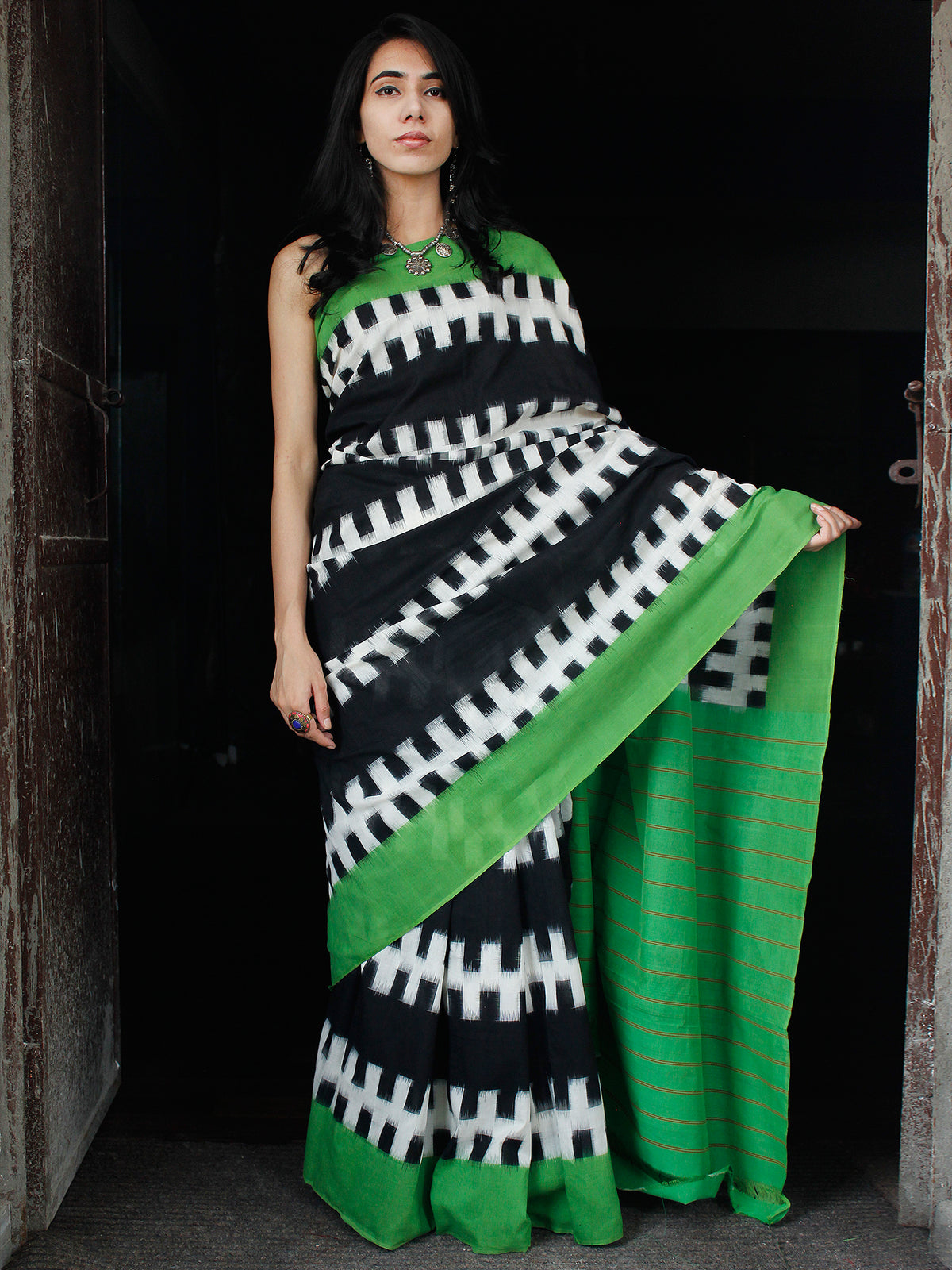 Black White Green Double Ikat Handwoven Cotton Saree - S031703527