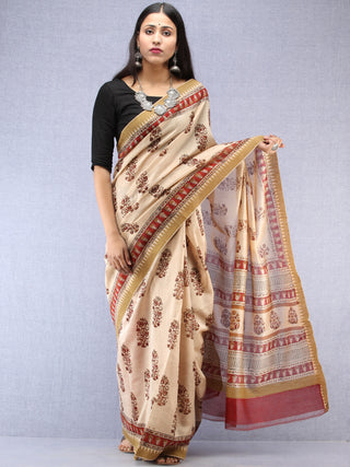 Ivory Maroon Hand Block Printed Chanderi Saree With Geecha Border - S031704496