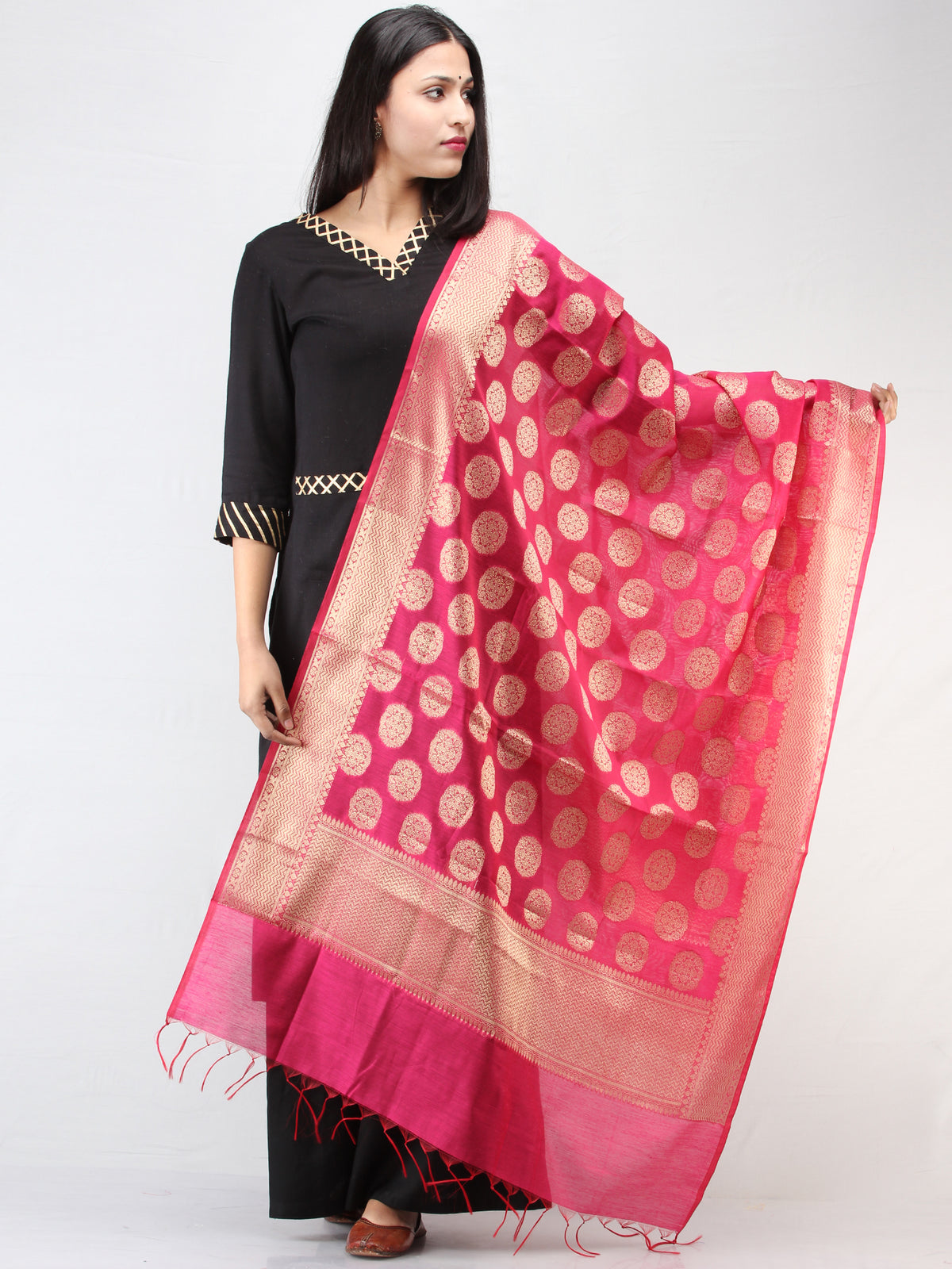Banarasi Semi Georgette Dupatta With Zari Work -  Hot Pink & Gold  - D04170915