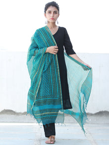 Teal Green Blue Kota Silk Hand Block Printed Dupatta - D04170463