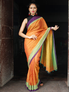 Orange Green Purple Linen Handloom Saree With Ganga Jamuna Border & Tassels - S031704015