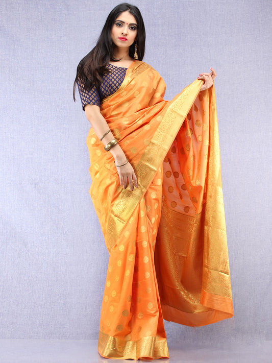 Banarasee Semi Silk Saree With  Golden Zari Work -  Light Orange Golden  - S031704394