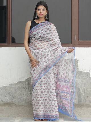 White Orange Hand Block Printed Kota Doria Saree  - S031704088