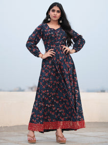 Indigo Rust Hand Block Printed Cotton Long Dress D465F1138 – InduBindu