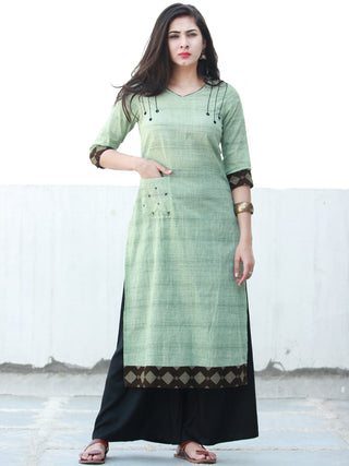 Sage Green Hand Embroidered South Handloom Cotton Kurta With Ajrakh Patch   - K133FXXX