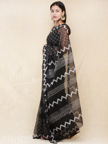 Black & White Hand Block Printed Kota Doria Saree  - s031704167