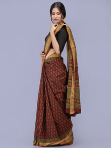 Dark Maroon Green Black Bagh Printed Maheshwari Cotton Saree - S031704178