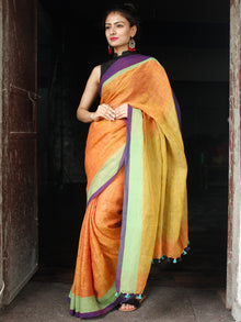 Orange Green Purple Linen Handloom Saree With Ganga Jamuna Border & Tassels - S031704015