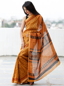 Rust Orange Maroon Black Bagh Hand Block Printed Maheswari SilkSaree With Resham Border - S031703841