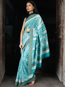 Blue White Chanderi Silk Hand Block Printed Saree With Geecha Border - S031703997