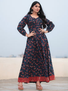 Indigo Rust Hand Block Printed Cotton Long Dress D465F1138