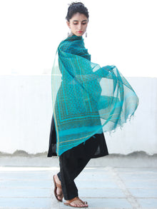 Teal Green Blue Kota Silk Hand Block Printed Dupatta - D04170463
