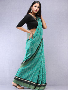 Teal Green White Hand Block Printed Chanderi Saree With Geecha Border - S031704524