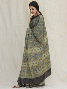 Charcoal Black Indigo Olive Green Ajrakh Hand Block Printed Modal Silk Saree - S031704130