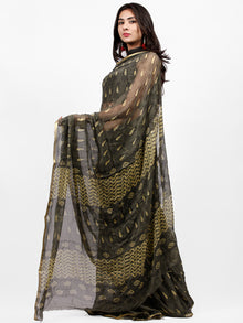 Charcoal Grey Yellow Hand Block Printed Chiffon Saree with Zari Border - S031703249