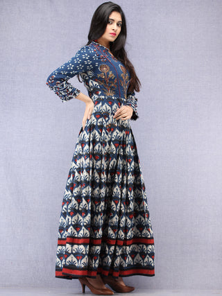 Naaz Mawara - Hand Block Printed & Embroidered Long Cotton Box Pleated Dress - DS96F001