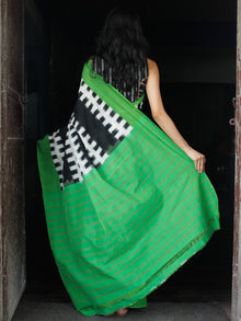 Black White Green Double Ikat Handwoven Cotton Saree - S031703527