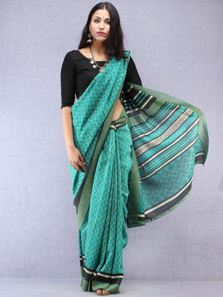 Teal Green White Hand Block Printed Chanderi Saree With Geecha Border - S031704524