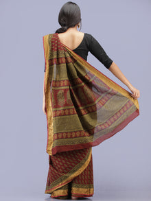 Dark Maroon Green Black Bagh Printed Maheshwari Cotton Saree - S031704178