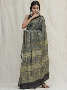 Charcoal Black Indigo Olive Green Ajrakh Hand Block Printed Modal Silk Saree - S031704130
