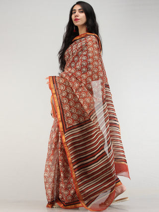 Rust Beige Black Hand Block Printed Kota Doria Saree With Zari Border - S031704569