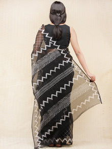 Black & White Hand Block Printed Kota Doria Saree  - s031704167