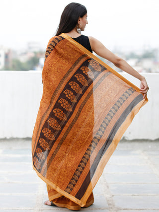 Rust Orange Maroon Black Bagh Hand Block Printed Maheswari SilkSaree With Resham Border - S031703841