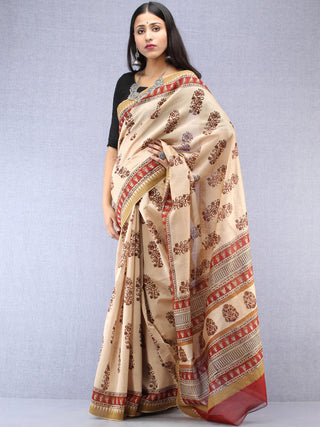 Ivory Maroon Hand Block Printed Chanderi Saree With Geecha Border - S031704496