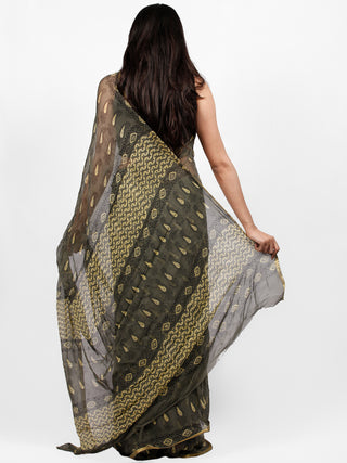 Charcoal Grey Yellow Hand Block Printed Chiffon Saree with Zari Border - S031703249