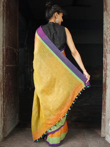 Orange Green Purple Linen Handloom Saree With Ganga Jamuna Border & Tassels - S031704015