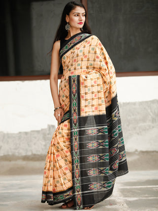 Ivory Black Ikat Handwoven Cotton Saree - S031704042