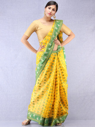 Banarasee Organza Saree With Zari & Resham Weave - Yellow Green & Gold  - S031704324