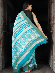 Blue White Chanderi Silk Hand Block Printed Saree With Geecha Border - S031703997