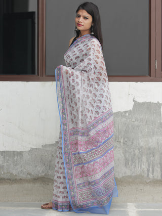 White Orange Hand Block Printed Kota Doria Saree  - S031704088