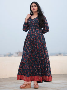 Indigo Rust Hand Block Printed Cotton Long Dress D465F1138