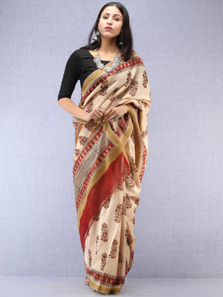 Ivory Maroon Hand Block Printed Chanderi Saree With Geecha Border - S031704496